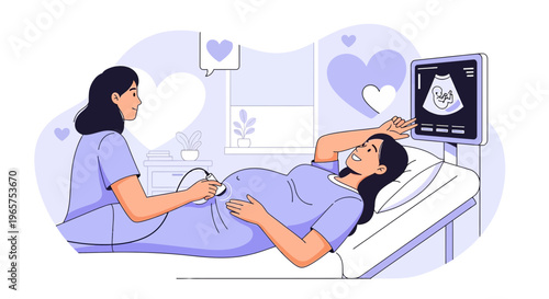 Pregnant Woman Undergoing Ultrasound Examination with Doctor, Baby Sonogram Screen