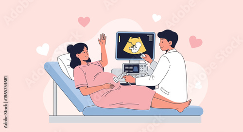 Pregnant Woman Undergoing Ultrasound Examination with Doctor