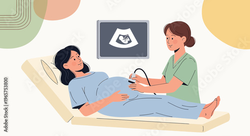 Pregnant Woman Undergoing Ultrasound Examination with Doctor