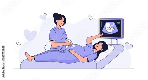 Pregnant Woman Undergoing Ultrasound Examination with Fetus Image on Screen