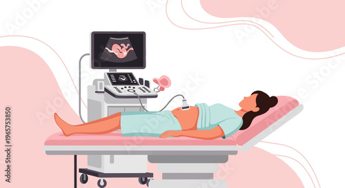 Pregnant Woman Undergoing Ultrasound Examination with Fetus Image on Screen