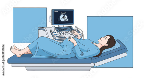 Pregnant Woman Undergoing Ultrasound Examination with Fetus on Screen