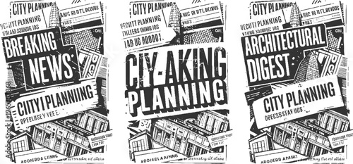 Collage of black and white newspaper clippings featuring city planning and architectural digest headlines and urban scenes