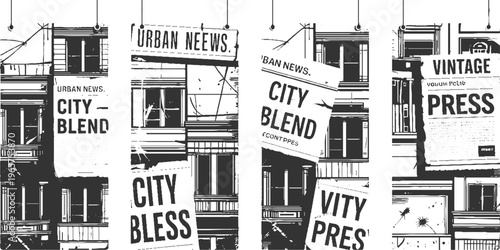 Four hanging vintage newspaper clippings with urban building facades and headlines like urban news city blend and vintage press