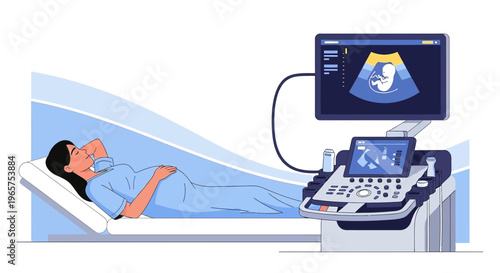 Pregnant woman undergoing ultrasound examination with fetus visible on screen