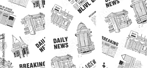 Black and white pattern of vintage buildings newspapers and fire hydrant daily breaking