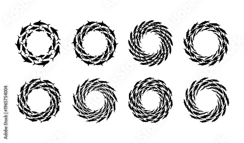 Fish shoal silhouette circle frame tuna swarm marine vector emblem set
