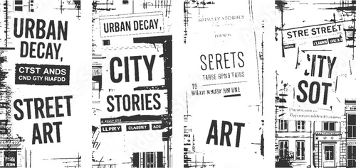 Urban decay city street secrets and stories in black and white distressed typography