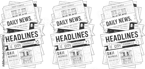Stack of black and white newspapers with headlines daily news and city chronicle