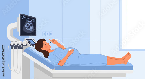 Pregnant woman undergoing ultrasound examination, baby on screen