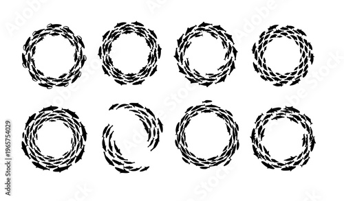 Fish swarm silhouette logo frames circular marine vector set