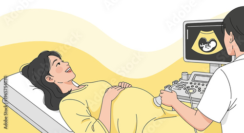 Pregnant Woman Undergoing Ultrasound Examination, Baby Sonogram on Screen