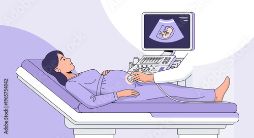 Pregnant Woman Undergoing Ultrasound Examination, Baby Visible on Screen