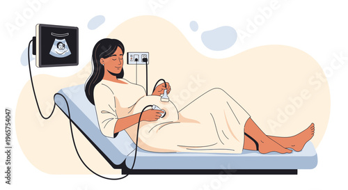 Pregnant woman undergoing ultrasound examination, doctor performing scan, baby on screen