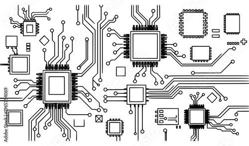Modern motherboard technology background with digital circuit connections and semiconductor layout vector isolated on white