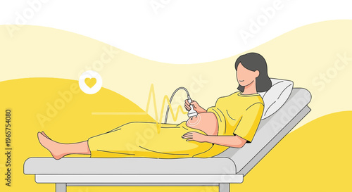 Pregnant woman undergoing ultrasound examination, fetal heartbeat monitoring, healthcare concept