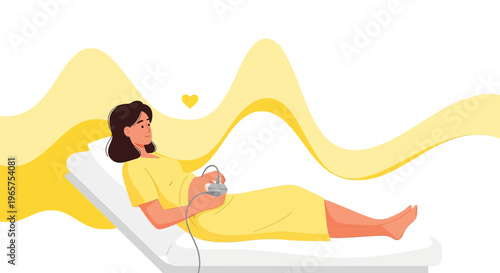 Pregnant Woman Undergoing Ultrasound Examination, Fetal Heartbeat Monitoring, Yellow Tones