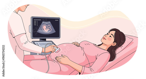Pregnant Woman Undergoing Ultrasound Scan with Doctor Monitoring Fetus Development on Screen