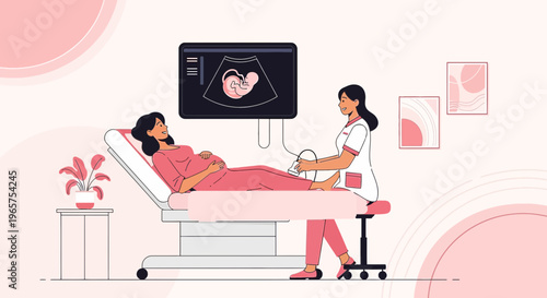 Pregnant Woman Undergoing Ultrasound Scan with Doctor in Modern Clinic