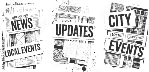 Three black and white newspaper headlines breaking news local events and city updates with textured backgrounds