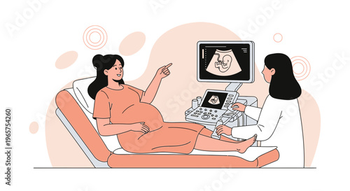 Pregnant woman undergoing ultrasound scan with doctor pointing at screen showing baby