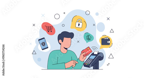 A modern flat vector illustration shows a man making a payment with a credit card at a terminal surrounded by security icons and symbols on a digital interface.