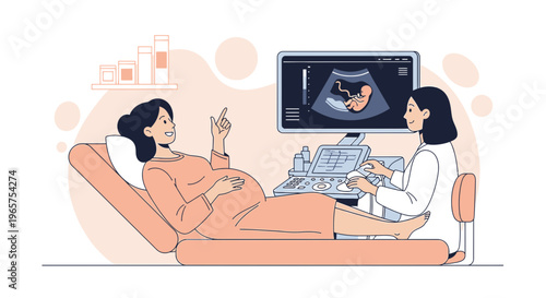 Pregnant Woman Undergoing Ultrasound Scan with Doctor Showing Baby Image on Screen