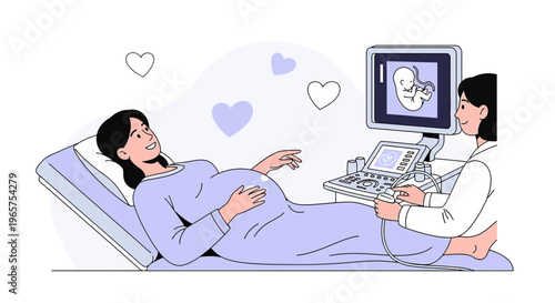 Pregnant Woman Undergoing Ultrasound Scan with Doctor, Fetus Image on Screen