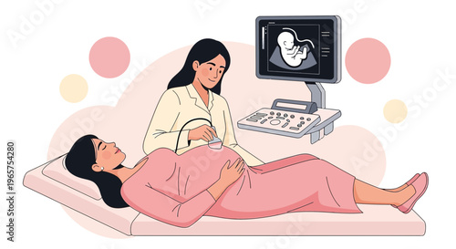 Pregnant Woman Undergoing Ultrasound Scan with Doctor Showing Baby Image on Screen