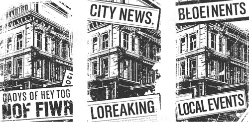 Triptych of distressed black and white newspaper clippings featuring architectural details and bold headlines like city news local events and breaking news