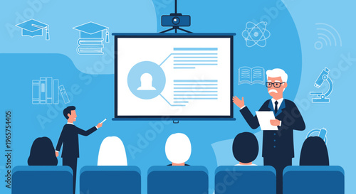 Professor teaching students in a modern classroom with digital presentation and educational icons