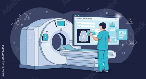 Radiologist analyzes CT scan results on futuristic interface next to MRI machine