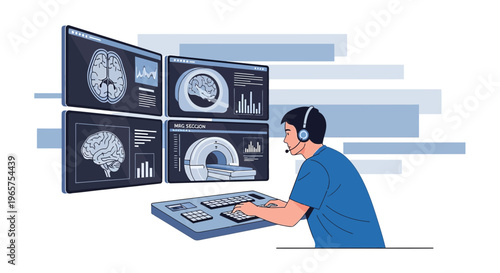 Radiologist analyzing brain MRI scans on multiple monitors, advanced medical technology