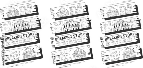 Multiple newspaper clippings with building and headlines like breaking story and daily news
