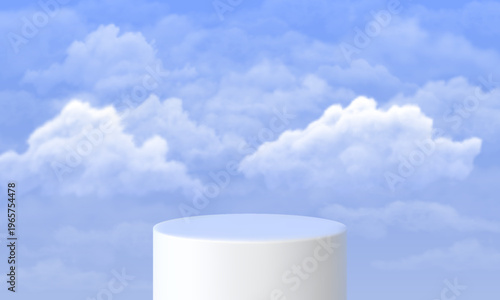 A white cylindrical podium for product presentation against a blue sky with fluffy clouds.