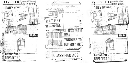Black and white of newspaper clippings with architectural and text building