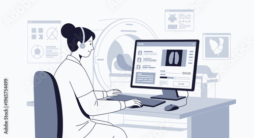 Radiologist analyzing CT scan results on computer, medical technology concept