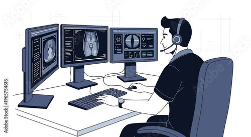 Radiologist analyzing medical scans on multiple computer monitors, wearing headset, remote diagnostics
