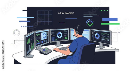 Radiologist Analyzing Medical Scans on Multiple Monitors in Control Room