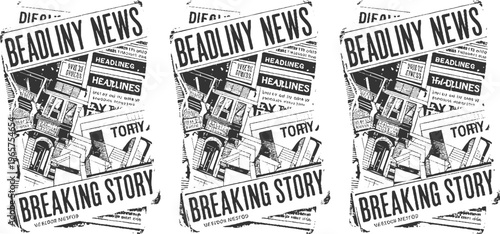 Collage of vintage newspaper clippings with headlines like breaking story and deadliny news featuring architectural