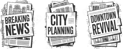Three black and white newspaper headlines about breaking news city planning and downtown revival with sketched buildings