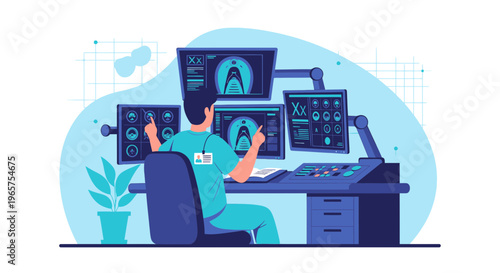 Radiologist Analyzing Medical Scans on Multiple Monitors in Modern Control Room