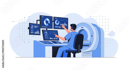 Radiologist Analyzing Medical Scans on Multiple Monitors in MRI Room