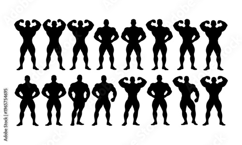 Collection of muscular men in various poses showing off their biceps and physiques in black silhouette on white background