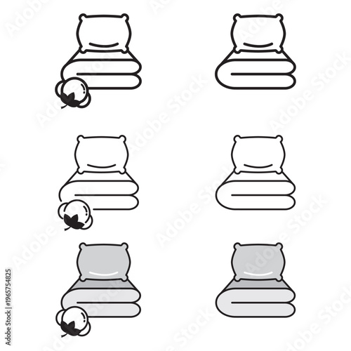 Bed linen icon set with cotton symbol, isolated on transparent background. Includes linear or solid styles with editable stroke. Clean design highlighting pure organic cotton bedding. Scalable vector.