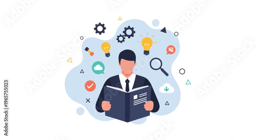 A modern flat vector illustration shows a businessman reading a book surrounded by various symbols and icons in a creative workspace environment from a front viewpoint.