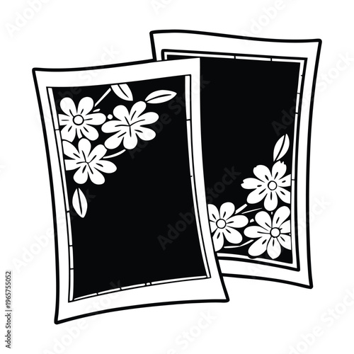 Black and white floral polaroid frames, vintage instant photo templates, decorative border designs, floral patterns