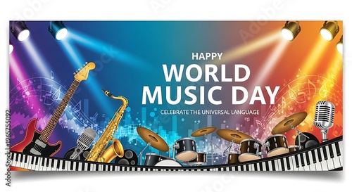 Happy World Music Day Celebration with Musical Instruments and Vibrant Stage Lighting