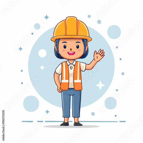 Cute cartoon construction worker woman waving hello wearing a hard hat and safety vest, friendly and approachable