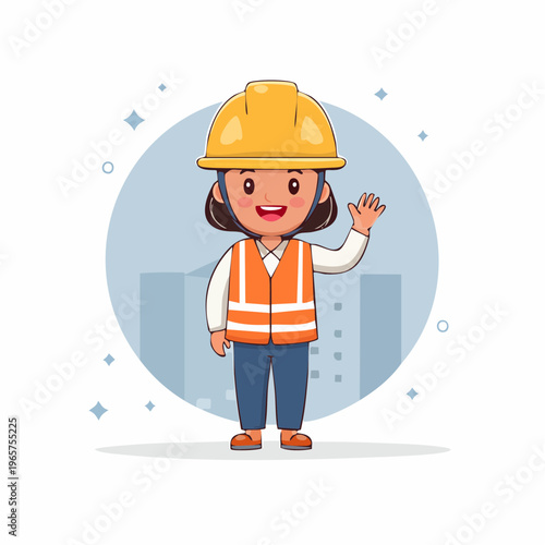 A cartoon construction worker wearing a yellow hard hat and orange safety vest waving hello, standing in front of buildings